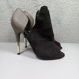 Qupid Women Black Taupe Snakeskin Peep Toe Stiletto Booties Gold Heel Tip Size 7